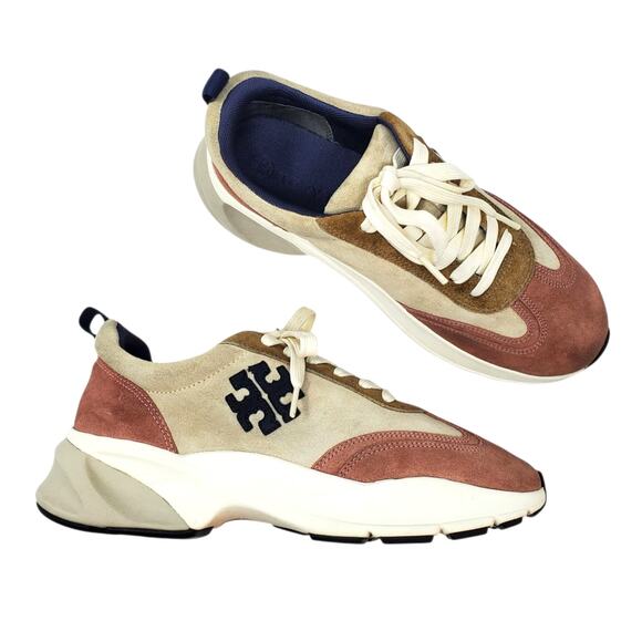 Tory Burch Good Luck Trainer Nat Suede Sneakers Navy Pink Moon 85463 Size 9.5 - Picture 1 of 9